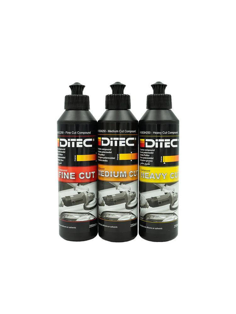 DiTEC Polishing Compound Trial Kit with 250 ml bottles of Fine, Medium, and Heavy Cut compounds—ideal for surface correction and marine polishing.
