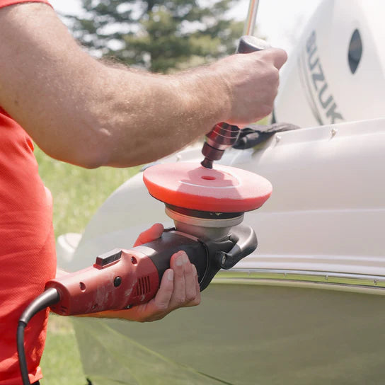 Using DiTEC red foam polishing pad with a dual-action polisher for swirl-free, high-gloss finish on paint.