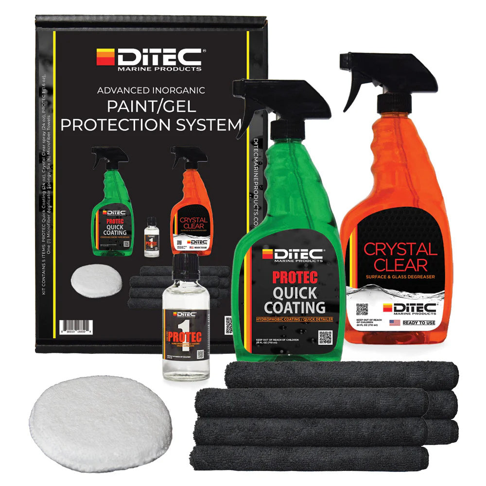 DiTEC Paint/Gel Protection Kit with PROTEC 1, Crystal Clear, Quick Coating, microfiber towels, and applicator for marine surface care.