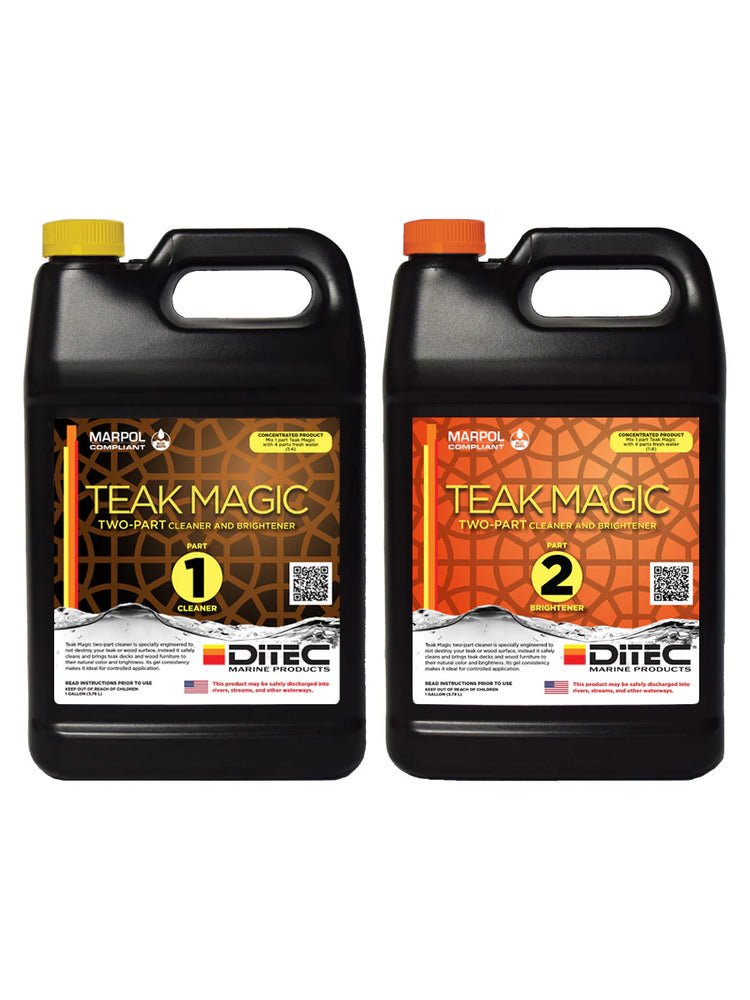 DiTEC Teak Magic Step 1 and Step 2 gallon bottles for marine teak cleaning and brightening.
