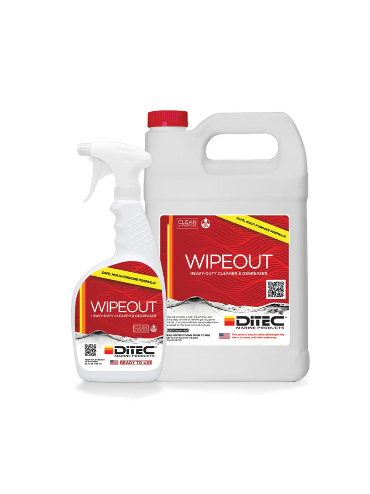 DiTEC Wipeout Degreaser gallon jug and spray bottle—non-toxic, heavy-duty cleaner for marine bilges and household grease removal.
