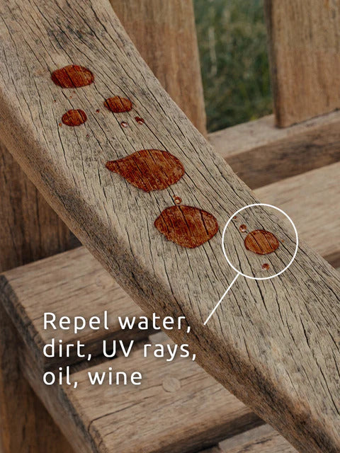 Before and after comparison showing teak wood cleaned and brightened using the DiTEC restoration kit.